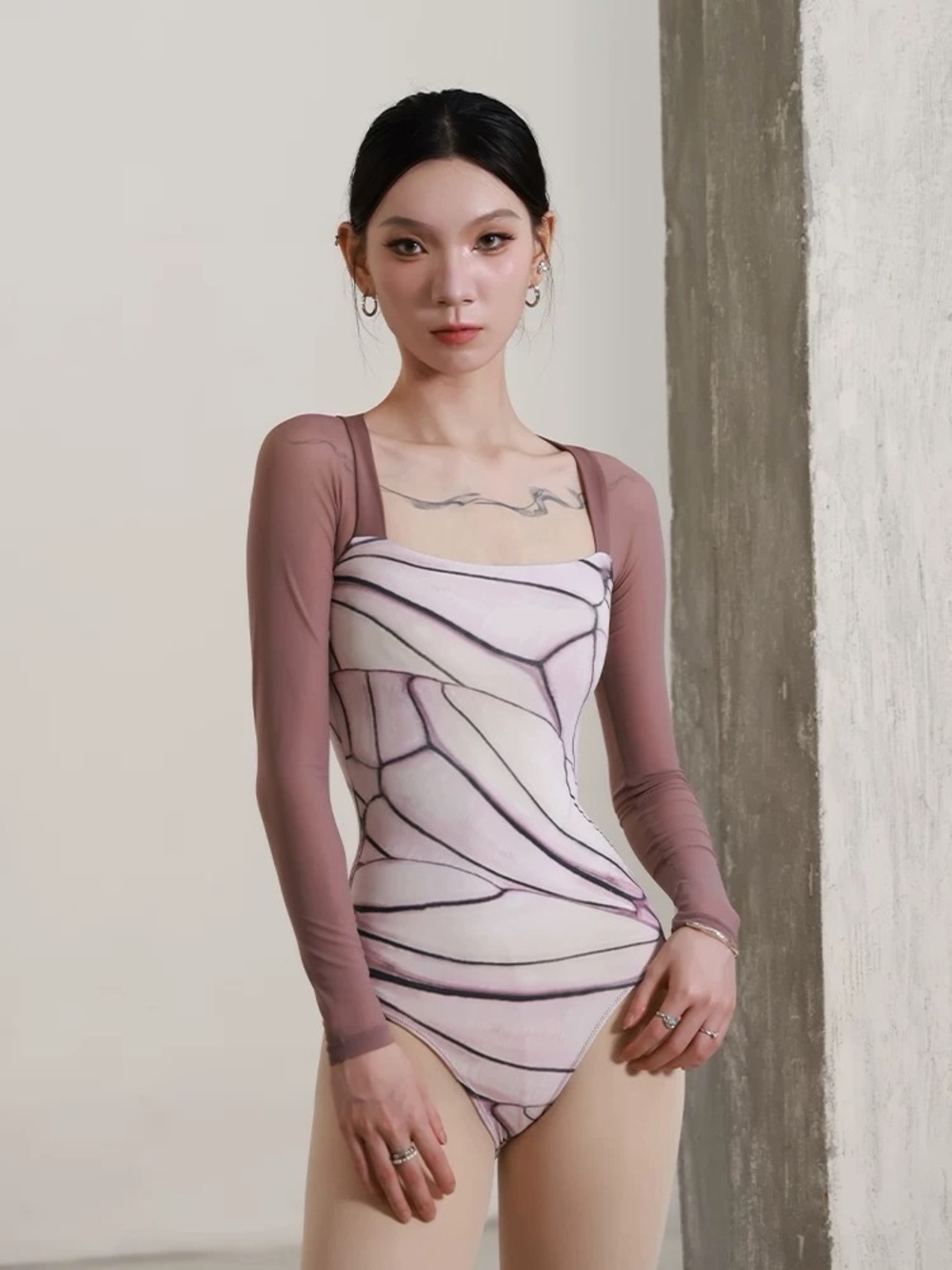Sheer Sleeve purple Patterned dance leotard XL